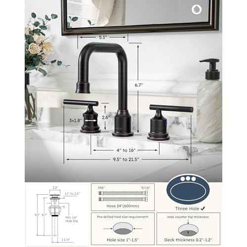 WOWOW Oil Rubbed Bronze Bathroom Faucet Widespread Bathroom Sink Faucet 3 Holes Vanity Faucet 2 Handle Basin Tap with Drain and Suplly Lines Retro