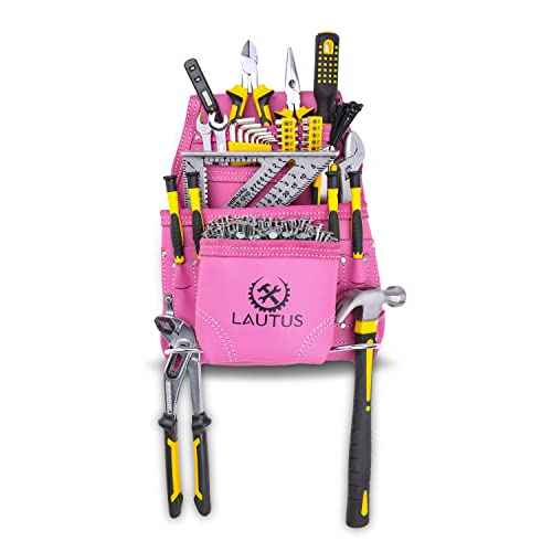 LAUTUS Oil Tanned Leather Tool Pouch Bag |Pink |Carpenter, Construction, Framers, Handyman | 10 Pockets, 2 Hammer Holders | 100% Leather