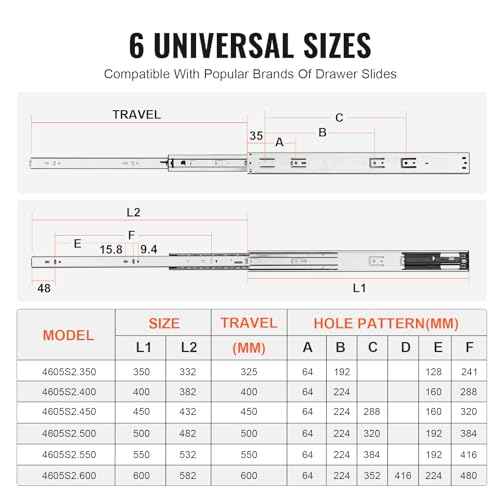VEVOR 6 Pairs Soft Close Drawer Slides 14 16 18 20 22 24 Inch Heavy Duty Side Mount Rails,Ball Bearing Full Extension Noiseless Dresser Drawer Slides, 100 Lbs Load Capacity(6 Pairs, 22 Inch)