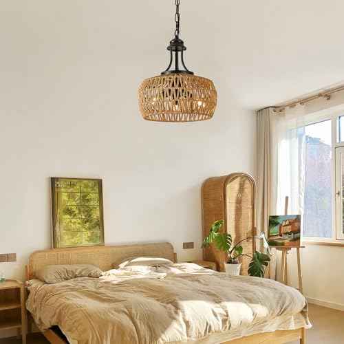 Chandeliers for Dining Room, 3-Light Boho Chandelier with Wicker Lampshade, Adjustable Height Coastal Chandeliers, Vintage Pendant Lighting for Kitchen, Bedroom.(Brown)
