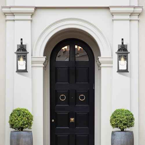 Darkaway Outdoor Lights Fixture Wall Mount, Exterior Wall Light with Water Ripple Glass Waterproof Black Outside Wall Sconce for House Porch Hallway Garage