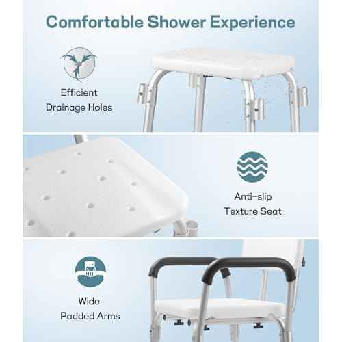 Shower Chair for Elderly and Disabled with Padded Armrests and Back, Adjustable Height Shower Seat, Easy to Assemble Heavy Duty Shower Chairs for Inside Shower, Handicap