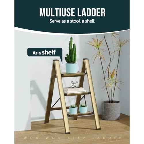 WOA WOA Step Ladder, 3 Step Foldable Step Stool with Widen Pedals, Portable Home Ladders for Kitchen, Lightweight Aluminum Stepladder, Compact Ladder for Space Saving (300lbs, Gold)