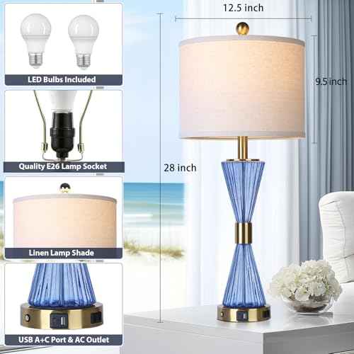 28" Blue Glass Table Lamp Set of 2 with USB C+A Ports and AC Outlet, 3 Way Touch Modern Bedside Lamps for Night Stands, Coastal Nightstand Lamps for Bedroom Living Room
