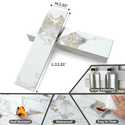 AULIGET 40-Piece Polished White Marble with Gold Peel and Stick Backsplash Wall Tiles, 3" x 12" PVC Faux Stone Stick on Tiles for Backsplash Kitchen, Bathroom, Laundry Room, Camper, Fireplace