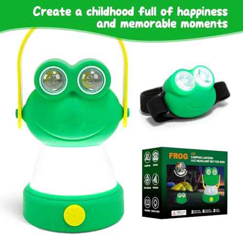 Outdoor Equipment LED Camping Lantern & Headlamp Set for Kids, Battery Powered Night Light, Theme Gift for Children's Day, Birthday, Lightweight Tent Lamp for Children (Frog Set)