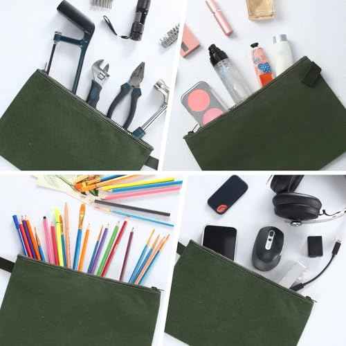 Eccliy 12 Pcs Canvas Tool Bag Pouch 16 oz Heavy Duty Zipper Pouch Bag 11.81 x 7.87 Inch Utility Multipurpose Tote Organizer with Dependable Zipper Storage Organizer for Tool Organization(Army Green)