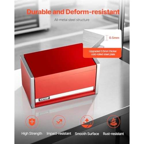 VEVOR Metal Tool Box, 8.6-inch, Portable Metal Tool Box with 3 Drawers, Small Tool Chest with EVA Liners and PP Feet Pads, Heavy-Duty Steel With Ball Bearing Opening and Powder Coated Finish, Red