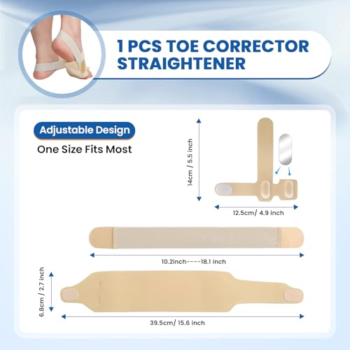 Hammer Toe Corrector for Women & Men - 1 Pcs Adjustable Toe Straightener for Curled Toes, Broken Support, Bunion Pain Relief - Includes 1 Compression Wrap, 1 Toe Splint & 1 Heel Strap (Beige)