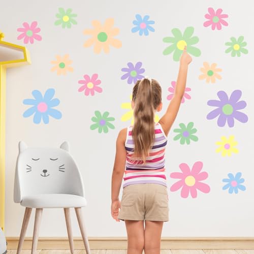 12 Sheets Daisy Wall Decals, Pastel Style Flowers Wall Stickers, Vinyl Peel and Stick Cute Boho Floral Decals, Large Daisy Floral Wall Decor for Girls Teens Nursery Bedroom Living Room