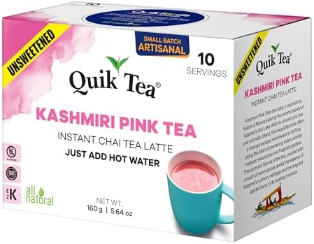 QuikTea Instant Unsweetened Kashmiri Pink Chai Tea Latte – 10 Count, Natural Pink Color with Hearty Spices Extracts, Low Caffeine, No Artificial Colors, Flavors or Preservatives – Just Add Hot Water