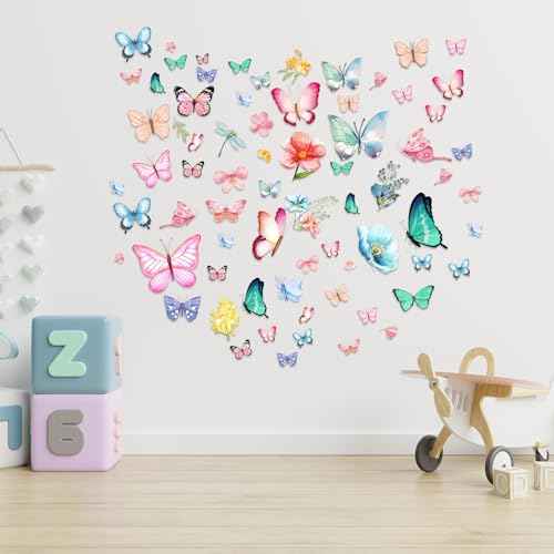 Glow in The Dark Butterfly Flower Wall Decals Glowing Luminous Butterflies Removable Self-Adhesive Wall Stickers for Girls Bedroom Nursery Living Room Decor 4 Sheets (Butterfly 1)