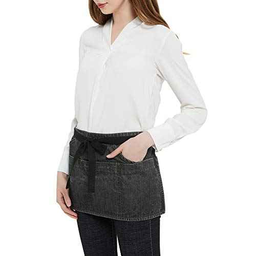 100% Cotton Denim Unisex Waist Apron, 7 Pockets with Zipper Pocket & Pen Pocket, 11" X 23" (Black)