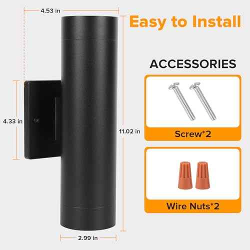 LUTEC Dusk to Dawn Outdoor Wall Lights, 16W Integrated LED Cylinder Up-Down Sconce, 3000K Waterproof Aluminum Exterior Lighting, Matte Black Modern Porch and Entryway Wall Light Fixture, 2 Pack
