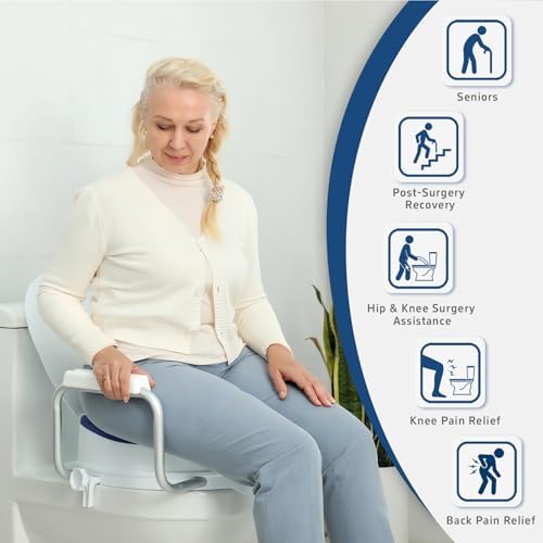 Raised Toilet Seat Risers for Seniors, Padded Elevated Toilet Seat with Handles, 5 Inch Height, Support to 300 LBS, White, Blue