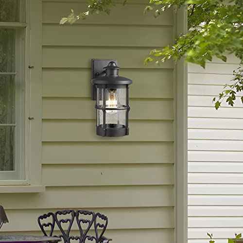 Outdoor Wall Sconces, Outdoor Wall Lights, Exterior Wall Mount Lighting, Exterior Fixture in Black Finish with Seeded Glass for Porch, Garage, Patio, Hallway, Entryway, Black 1 Pack