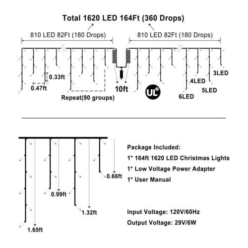 1620 LED Christmas Lights with 360 Drops,164ft 8 Modes Fairy Hanging String Lights with Timer Waterproof, Plug-in Hanging String Lights for Outdoor Holiday Wedding Party Christmas Decor (Cool White)
