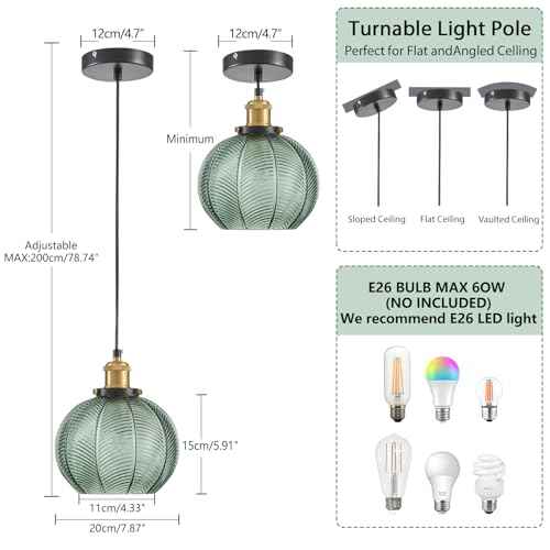 Vintage Pendant Light 1- Light Kitchen Sink Pendant Lights with Green Hand Blown Glass Small Hanging Lamp for Kitchen Island Dining Room Bedroom Bathroom Hallway E26