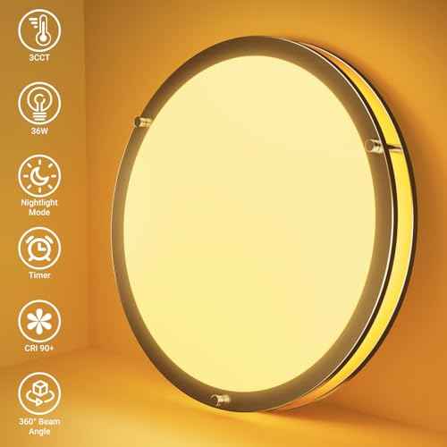 libtit 16Inch Flush Mount Ceiling Lights with Remote, 36W Dimmable LED Ceiling Light 3000K-6500K Adjustable, Large & Bright Brushed Nickel Light Fixture for Kitchen Bedroom LivingRoom -1Pack