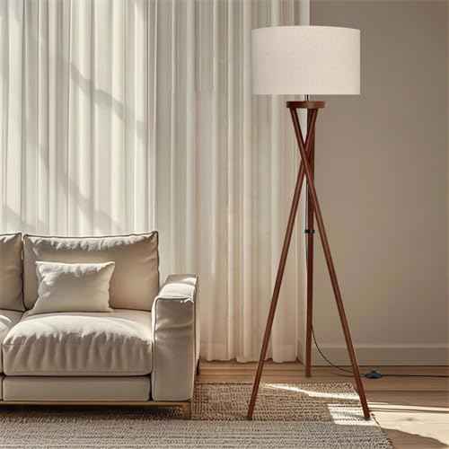 Wood Tripod Floor Lamp, Modern Design Light, Flaxen Lamp Shade with 3 Color Temperatures LED Bulb, Mid Century Standing Lamp for Living Room, Bedroom, Study Room and Office, Brown