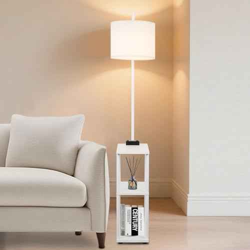 Floor Lamp with Table, Narrow Side Table with USB-A/USB-C Charging Station and AC Port, 3 Color Temperatures 12W LED Bulb, End Table for Bedroom, Living Room and Home Office, White