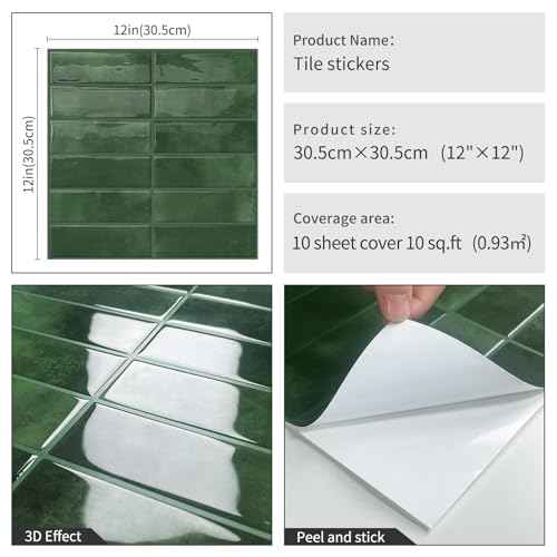 DEWOO 20-Sheet Peel and Stick Subway Backsplash Green Kitchen Bathroom Rectangle Self Adhesive Wall Tile Brick (12"¡¿12")