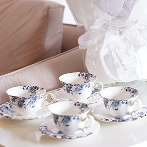 Ceramic Tea Cups Coffee Cup and Saucers Set of 4 (Blue and White)