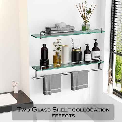 24-Inch Floating Tempered Glass Bathroom Shelf with Towel Bar - Chrome Polished & Stainless Steel, Wall Mount