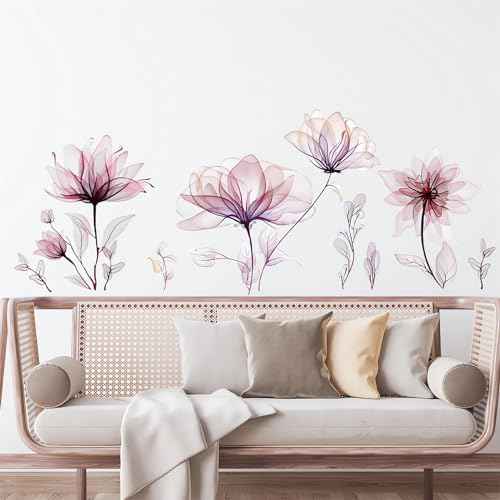 Ink Style Light Pink Flowers Wall Stickers, sacinora Lotus Peony DIY Floral Art Wall Decals Removable Vinyl Peel and Stick for Living Room Bedroom Nursery Toddler Room Decorations