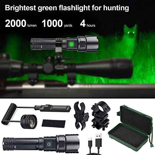 VASTFIRE USB-C Rechargeable Green Flashlight Zoomable 1000 Yard Pressure Switch Scope Rail Mount Hogs Predators Night Hunting