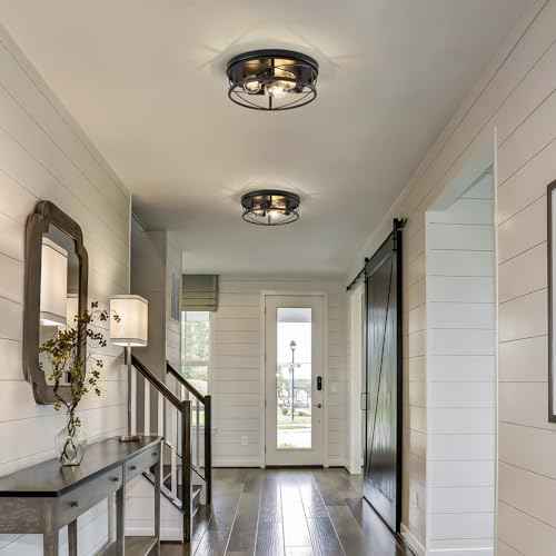 Farmhouse Light Fixtures, Black Round Metal Flush Mount Ceiling Light, 3-Light Cage Ceiling Lamp for Kitchen, Foyer, Bedroom, Hallway£¨Bulbs Not Included£©