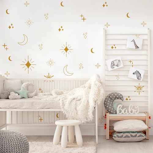 Large Gold Star Moon and Sun Wall Decal, Vinyl Starburst Wall Stickers Decor, Boho Wall Decals Peel and Stick for Kids Bedroom Home Nursery Classroom Decoration