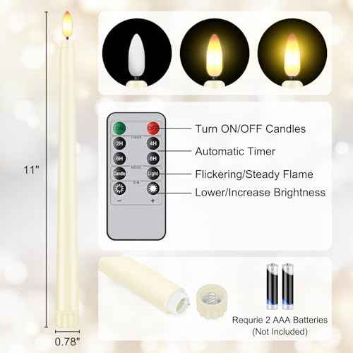 32 Pcs Flameless Taper Candles with Remote Timer, 11 inches Flickering Taper Candles Battery Operated, Ivory Plastic Long LED Candlesticks for Wedding Christmas Home Party Decor