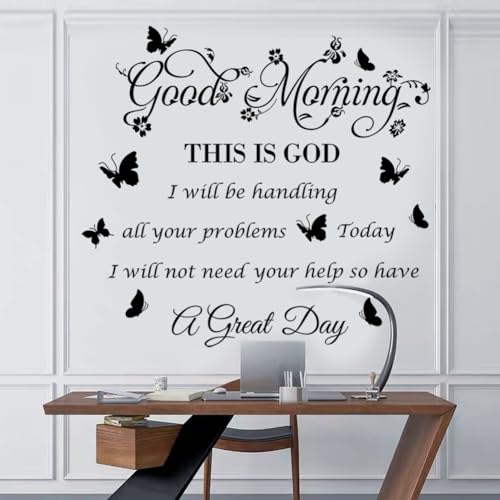 Bible Verse Inspirational Quote Good Morning This Is God Wall Stickers - Religious Decals With Flower Butterfly for Bedroom, Living Room, Office, Bathroom Decoration, Black
