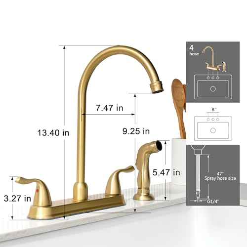 Gold Kitchen Faucet with Side Sprayer - 2 Handles 8 Inches Centerset Sink Faucets 3 or 4 Hole RV Kitchen Sink Faucet Commercial Lead-Free Utility Faucet with High Pressure Sprayer & Water Hose