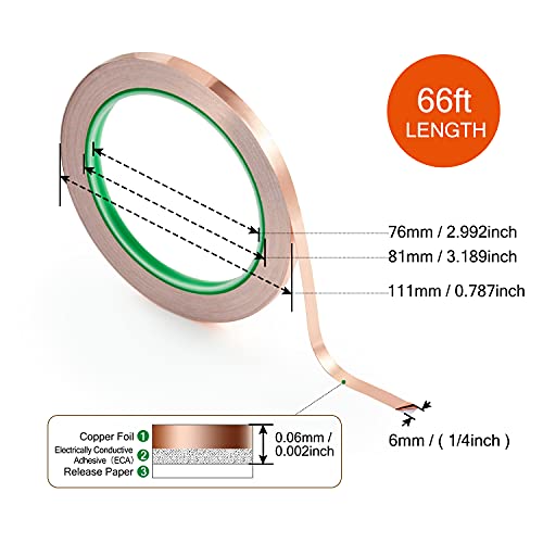 CHANZON 130ft Copper Foil Tape 6mm 1/4 inch Double Sided Conductive Adhesive for Stained Glass,Soldering,Electric,Crafts,Repair,Paper Circuits,Grounding,Guitars(2 Pack)