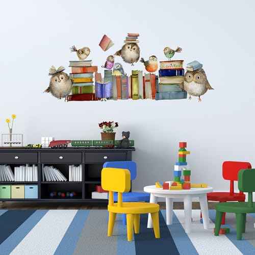 Reading Books Wall Decals,Owl Books Wall Stickers,Peel and Stick Art Wall Decors,Removable Learning Student Artwork,for Kids Bedroom Nursery Playroom Classroom Library Reading Corner Decoration