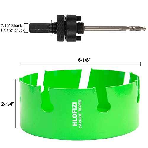 6-1/8 Inch Carbide Tipped Hole Saw for 6" Recessed Lights Multi-Material Hole Cutter with Arbor for Hard Wood, Drywall, Plaster Ceiling, Sheetrock, Plastic, Fiberglass, 5X Faster, Green