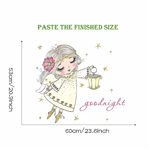 Cute Pink Little Angel Girl Wall Stickers, sacinora Cartoon Good Night Wall Decals Removable Vinyl Peel and Stick for Nursery Kids Baby Children's Room Living Room Bedroom Playroom Art Decorations