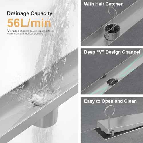 Linear Shower Drain, 24 Inch Brushed Nickel 304 Stainless Steel Shower Drain with Tile Insert Panels, Long Rectangle Shower Floor Drain with Adjustable Feet, Hair Catcher, Fits Bathroom, Balcony