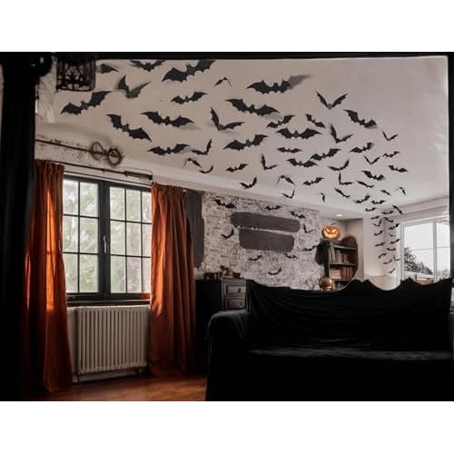 Bat Wall Stickers: Halloween Party Decorations Indoor & Outdoor - 84 pcs Reusable PVC 3D Black Bats for Halloween, Eve Party, Ghost Festival Decor
