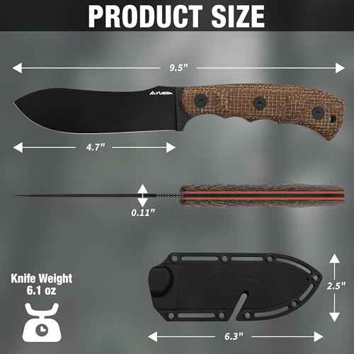 FLISSA Fixed Blade Knife with Sheath, 4.7" Full Tang Hunting Kukri Knife with 14C28N Steel Blade, G10 and Linen Handle, Rope Cutter for EDC Outdoor Hiking, Survival, Camping