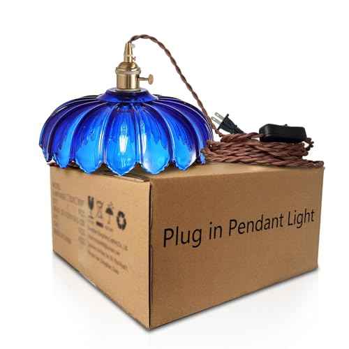Plug in Pendant Light: Hanging Light Plug in Fixture Bule Glass Hanging Lamp, Pendant Lighting for Kitchen Island, Bedroom, Dining Room, Living Room, E26 No Bulb
