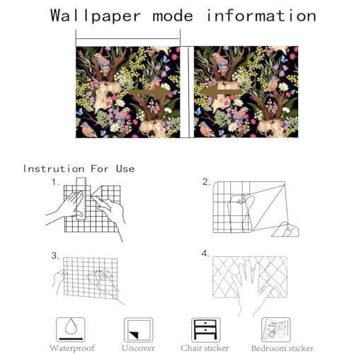 Peel and Stick Wallpaper Deer Skull, Boho Floral Wallpaper DIY Decor, 17.7"¡¿118"