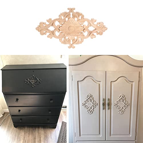Wood Carved Appliques, 2Pcs Wooden Decorative Onlays, MUXSAM Unpainted Furniture Center Decals for Cabinet Dresser Bed Door Wall Wardrobe Ceiling Decoration Home DIY Project, 15x10.5cm/5.9"x4.13"