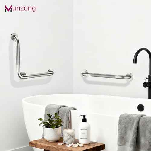16 Inch Anti Slip Angled Shower Grab Bars with Munzong 20 Inch Stainless Steel Bathroom Grab Bar Brushed Nickel Toilet Handicap Grab Rail Knurled Safety Handle Support Elderly Injury Senior Bath