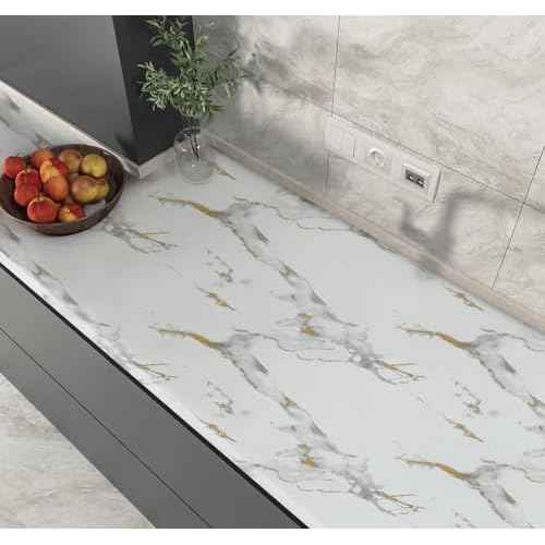TANONE White Marble Contact Paper for Countertops Waterproof Wallpaper Peel and Stick for Cabinets Removable Matte Gold White Marble Vinyl Wrap for Kitchen Bathroom Counter 17.8"x 118"