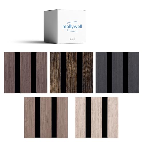 Mollywell Wood Panels for Wall, Time-Saving Installation, Versatile Wood Slat Wall Decor, Enhanced Acoustic & Sound Proof Fluted Design for Home & Office, Sample Pack, 4.2x3.9 Inch