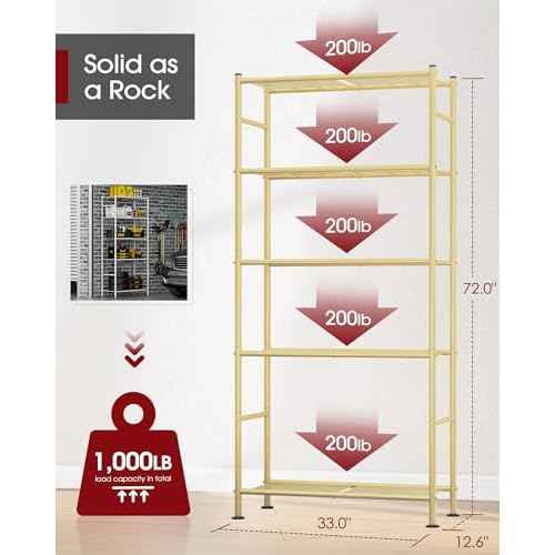 Storage Shelves - 5 Tier Shelf Organizer, Heavy Duty Garage Shelving Unit with Leveling Feet, Stable Metal Shelves Organizer for Pantry, Kitchen and Closet, 33.0" W x 12.6" D x 72.0" H, Gold