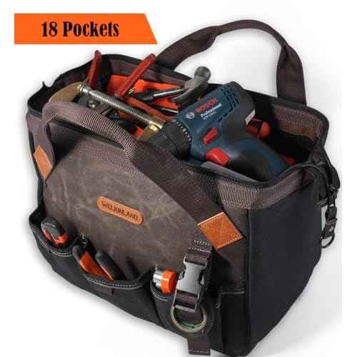 WELKINLAND 18 Pockets Electrician Tools Bag,14" Heavy Duty Plumber Tool Bags, Waxed Canvas Tools Bags, Large-Opening Tool Bags For Men, 25L Hand Tools Bag With Zipper